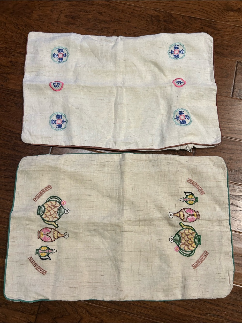 Vintage Hand Embroidered Linen Pillow Covers Pair Asian Teapot Boho 2pc